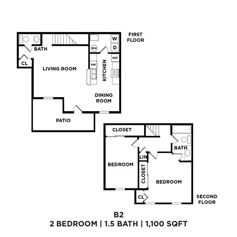 A floor plan of a 2 bedroom apartment with 1.5 bathrooms and 1,100 sqft.